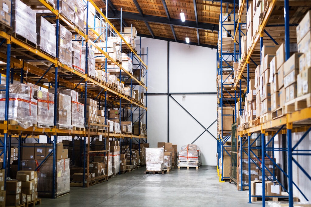 Warehouse with boxes in led retrofit lighting.