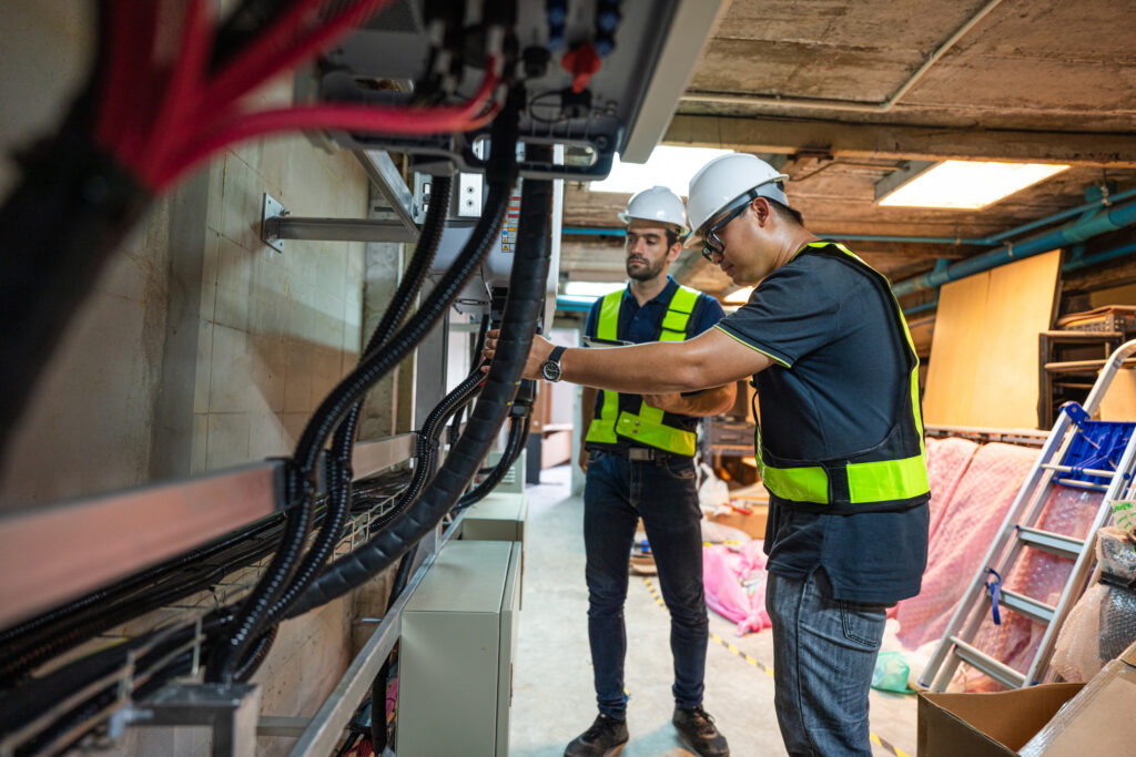 Service Engineer use tablet working inspection installation inverter solar cell.